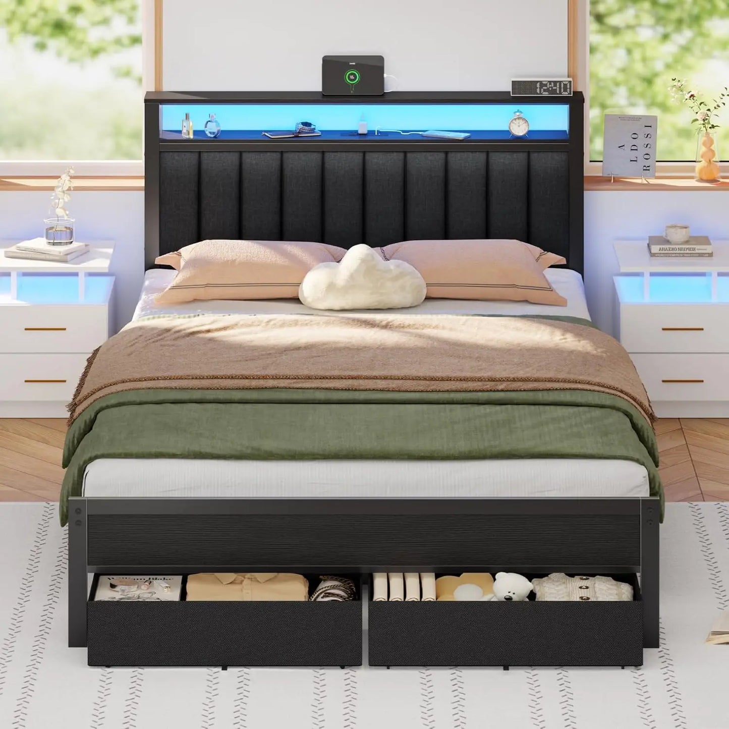 LED Bed Frame with Charging Station – Grey Upholstered Headboard with Shelves, Metal Platform Platform Bed with Custom Storage Design