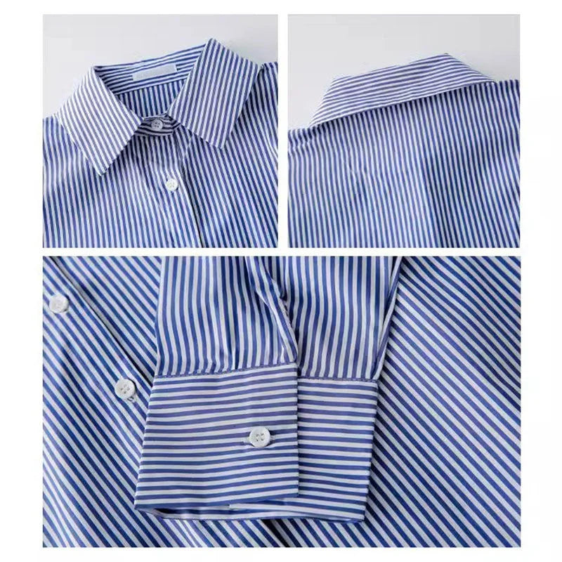 Classic Striped Women’s Blouse — Spring & Autumn Long Lantern Sleeve Shirt with Stand Collar