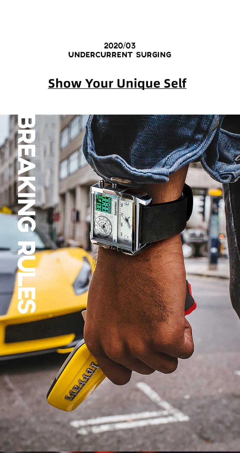 Mark Fairwhale Men’s Luxury Square Quartz Watch — Fashion Waterproof Military Leather Strap Wristwatch