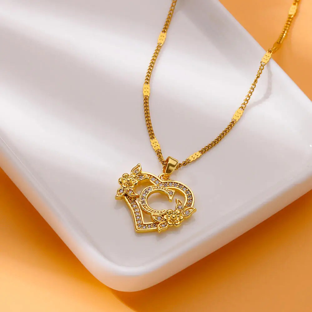 Gold Zircon Heart Initial Necklace – Stainless Steel Letter Pendant Jewelry for Women