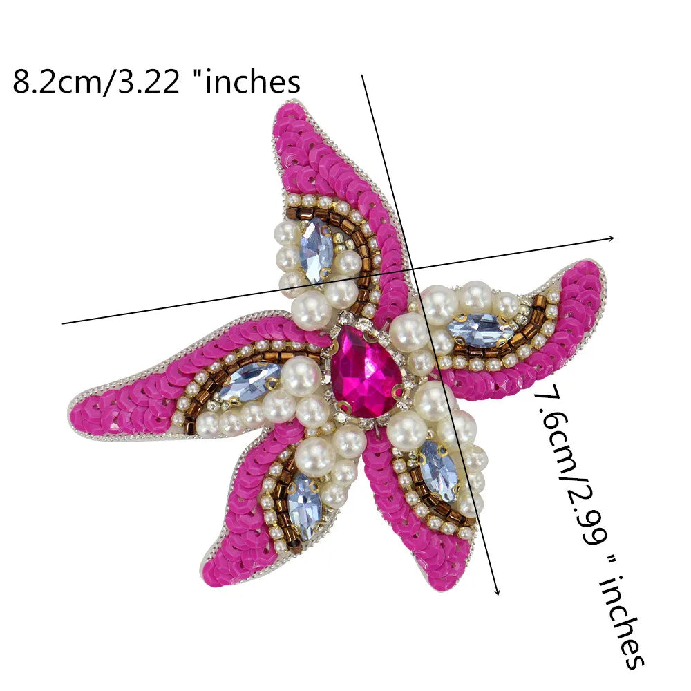 Marine Series Rhinestone Patches - Handmade Shell Starfish Seahorse Leaf Beaded Sewing Appliques for DIY Clothing