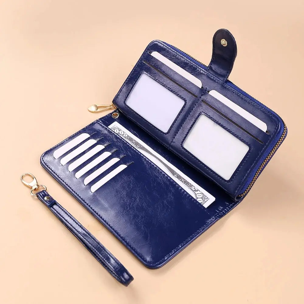 Women’s Vintage PU Leather Clutch Wallet — Large Capacity Phone Purse with Wristband, Simple Card Holder Pouch Bag