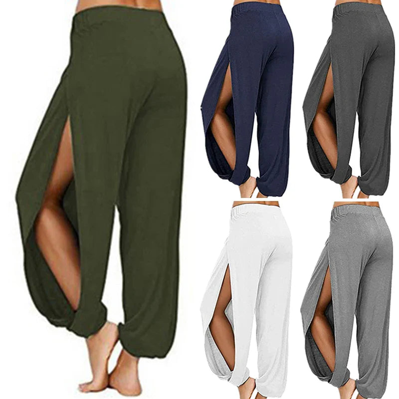 Women's Fashion Yoga Pants: High-Waisted Slit Wide Leg Harem Pants, Gym Leggings Casual Solid Hollow Workout Trousers for Gym and Home Wear