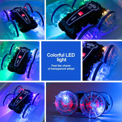 New LED Amphibious RC Car – Dual Remote Control, Waterproof Stunt Car with 360° Rotation, Double-Side Flip, Drift Drive, Kids Toy