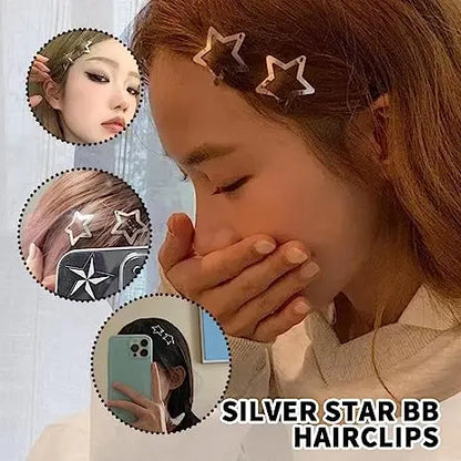 2/50PCS Y2K Silver Star Hair Clips – Filigree Metal Snap Hairpins for Girls, Nickel-Free Hair Jewelry Barrettes