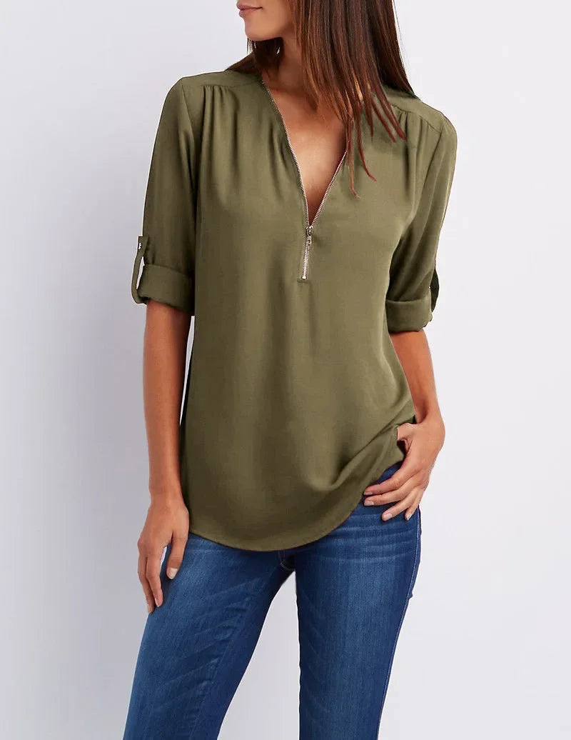 Women’s 2025 Hot Sale Loose Chiffon Blouse – Deep V-Neck Casual Top with Zipper Pullover Plus Size