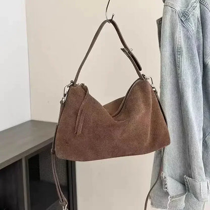 Simple Autumn Winter Grey & Brown Boston Tote — Soft Matte Suede Cow Leather Women's Shoulder Handbag