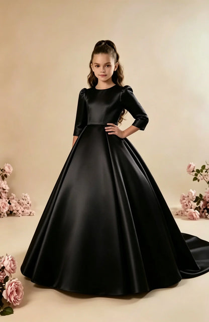 Girls First Communion Satin Dress - Long Sleeve A-Line Princess Gown for Weddings & Parties