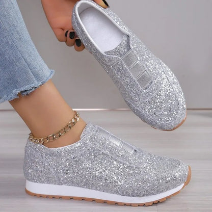 2024 Autumn Women’s Slip-On Low Heel Sneakers – Gold & Silver Casual Outdoor Walking Sport Shoes