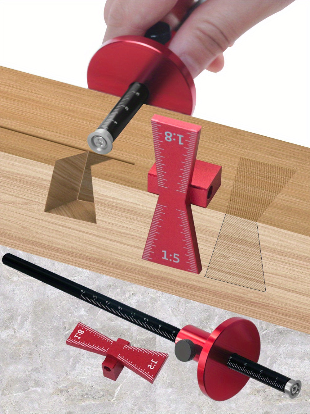 Bearing Wheel Cutter & Marking Gauge – Aluminum Dovetail Jig 1:5 1:8, Inch/MM Ruler for Soft Wood Scribing