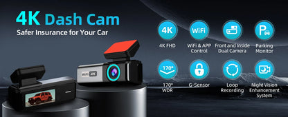 Aprilboy 4K WiFi Dash Cam 2160P – Dual Lens Front & Rear Car DVR, Night Vision, G-Sensor, 24H Parking Monitor