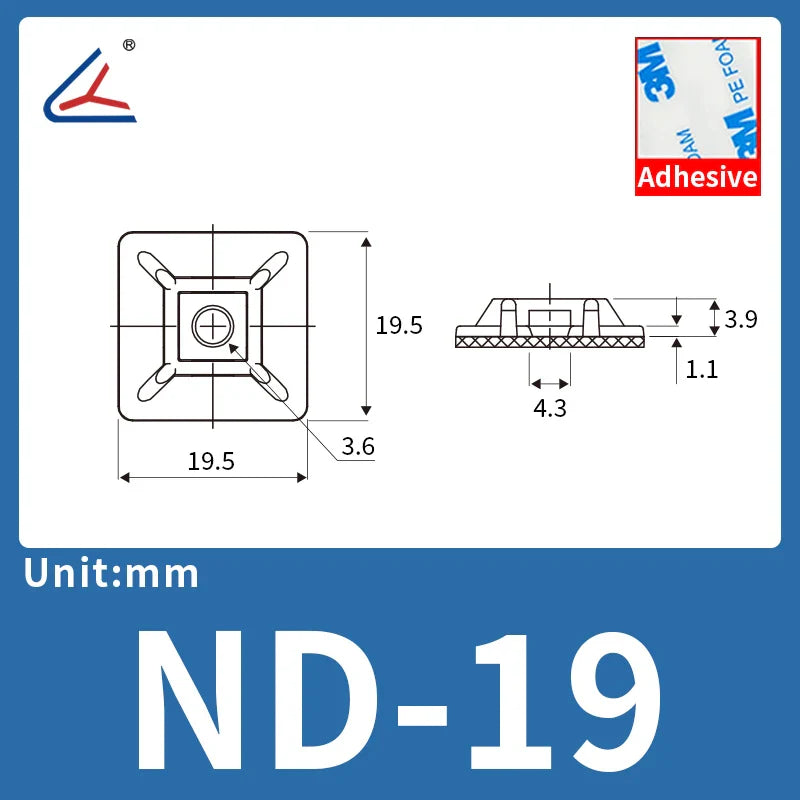 ND 20/50/100PCS Self-Adhesive Cable Tie Mounts – Zip Wire Tie Holder with Screw Hole Base