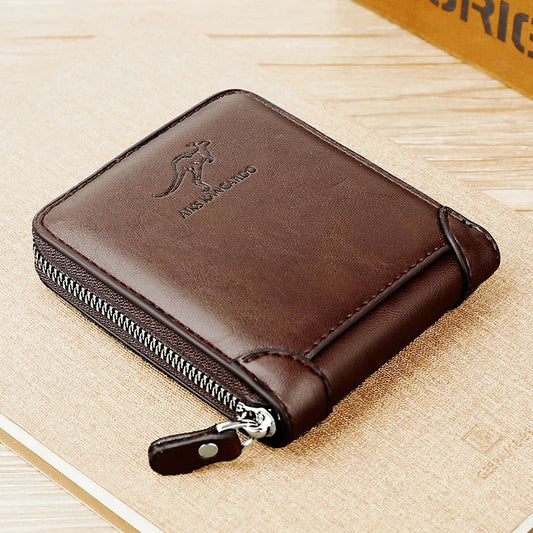 Luxury Leather Men's Wallet – RFID Zipper Card Holder with Coin Pocket, Perfect Gift for Men