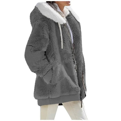 Autumn Winter Women's Hooded Coat – Casual Zipper Cashmere Fleece Jacket Solid Color Ladies Outerwear