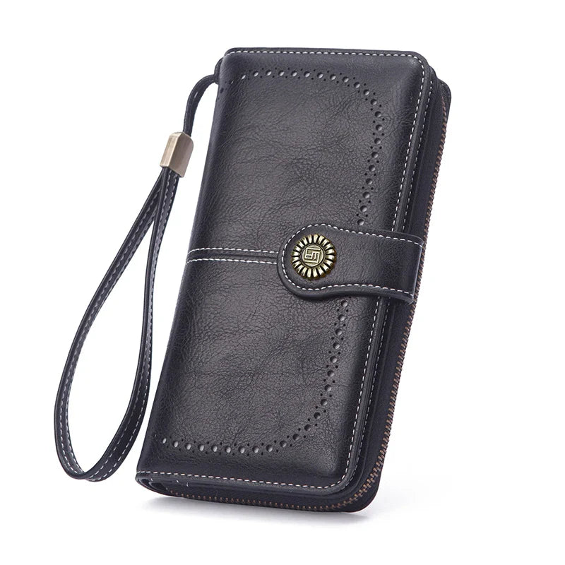 Vintage Large Capacity Women's Purse – Monochromatic Multi-Card Long Wallet with Zipper & Wrist Strap