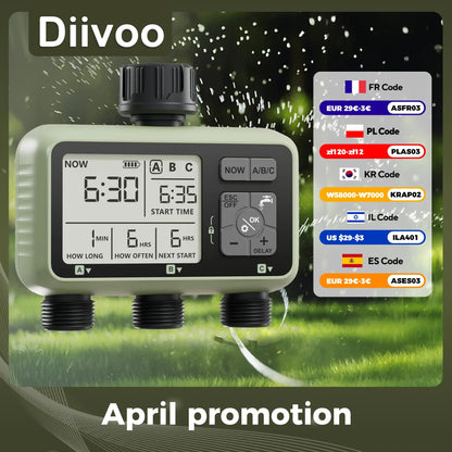 Diivoo 3-Zone Garden Water Timer – Programmable Automatic Irrigation System with Rain Delay & Manual/Auto Modes for Lawn & Yard