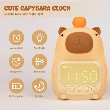 Capybara LED Digital Alarm Clock - Rechargeable Bedside Lamp with Timer, Dimmable Light & USB Charging, Kids Gift
