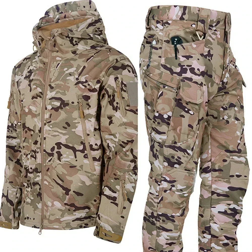 Men’s Winter Thicken Camo Tactical Suit — Waterproof Hooded Jacket & Fleece Pants Outdoor Hunting 2-Piece Set
