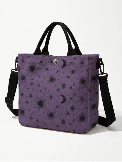 Purple Sun Moon Star Print Tote Bag - Detachable Strap Crossbody Handbag for Women
