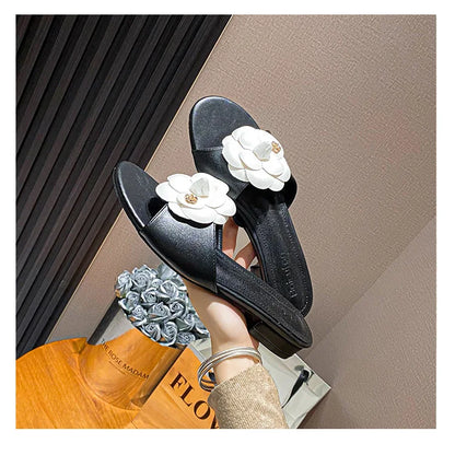 Luxury Women’s Flower Slippers — Camellia Open-Toe Slides for Home & Outdoor, Ladies Flip Flop Sandals
