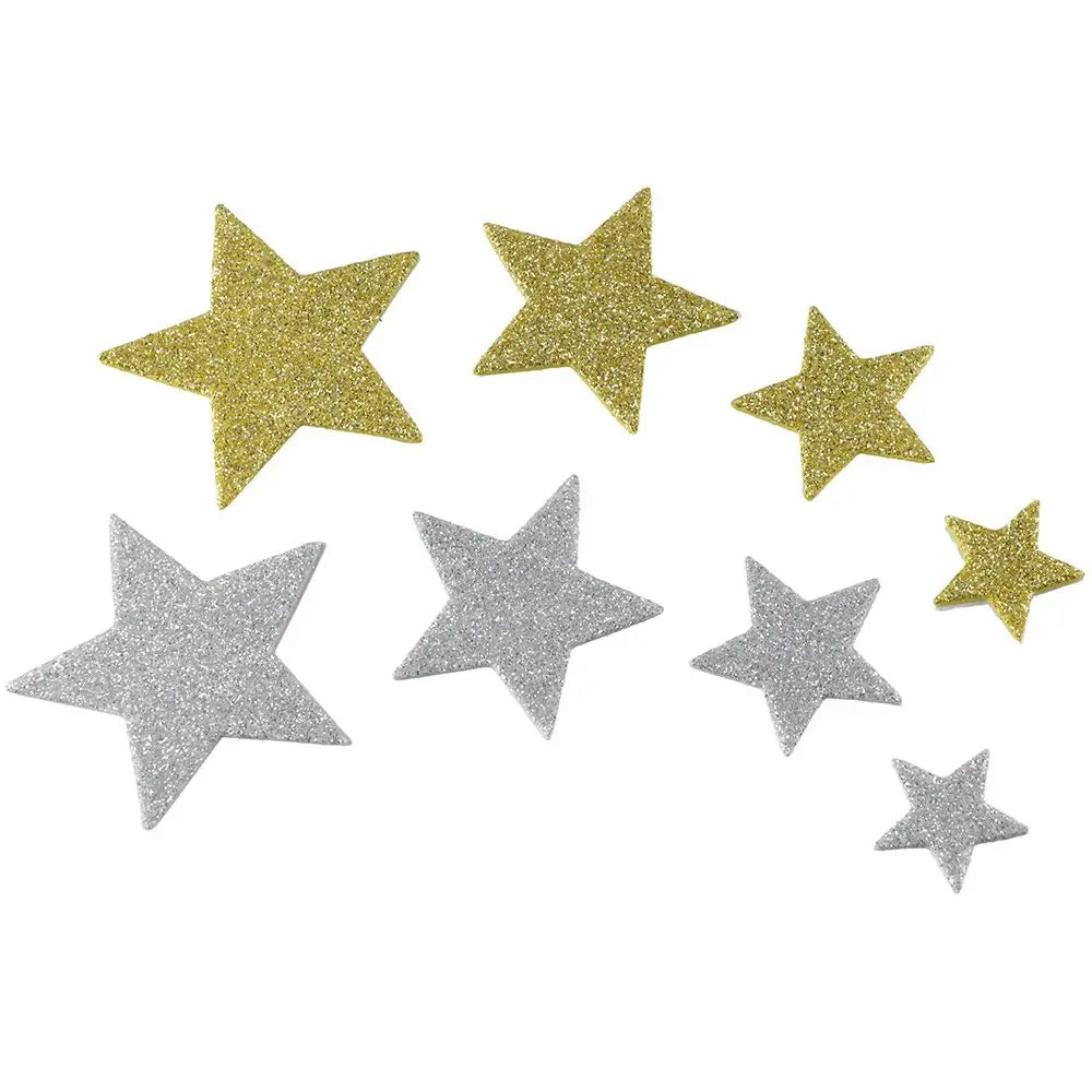 200Pcs Glitter Star Foam Stickers Set – Self-Adhesive 4 Sizes (2.5–5.5cm) Silver & Gold Sparkle Stars for DIY Crafts & Decoration
