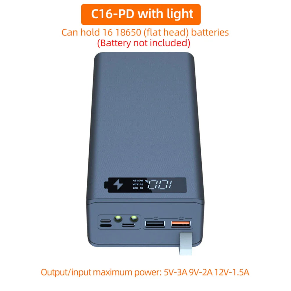 C16 18650 Battery Case | USB Welding-Free Power Bank DIY Shell | Detachable Portable QC 3.0 PD Housing