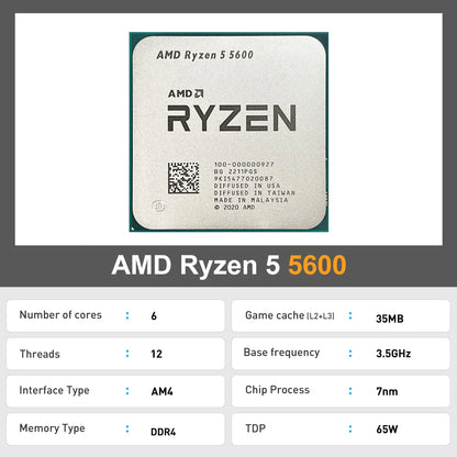 AMD Ryzen 5 5600 CPU Processor - 6-Core, 12-Thread, 3.5GHz, 32MB L3 Cache, 7NM, Socket AM4 (No Fan)