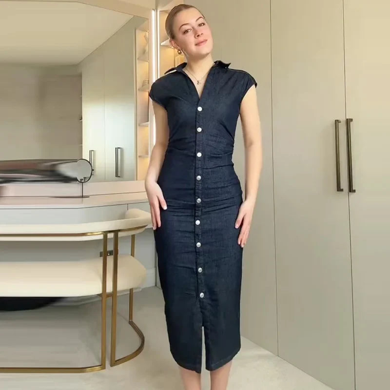 TRAF Women’s Denim Bodycon Dress – Summer 2025 Blue Button Ruffled Batwing Sleeve Long Casual Beach Vestido