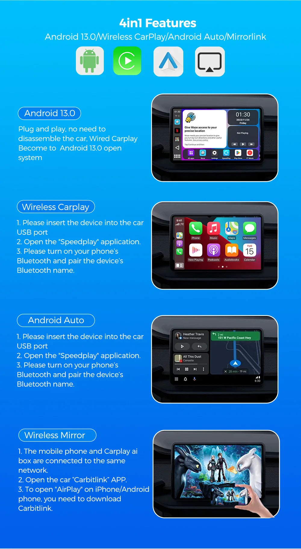CarPlay TV Box Android 13 – Wireless Android Auto CarPlay Adapter Qualcomm 6225 8GB+128GB for Volvo, Benz, Audi, Kia, Hyundai, Mazda, VW