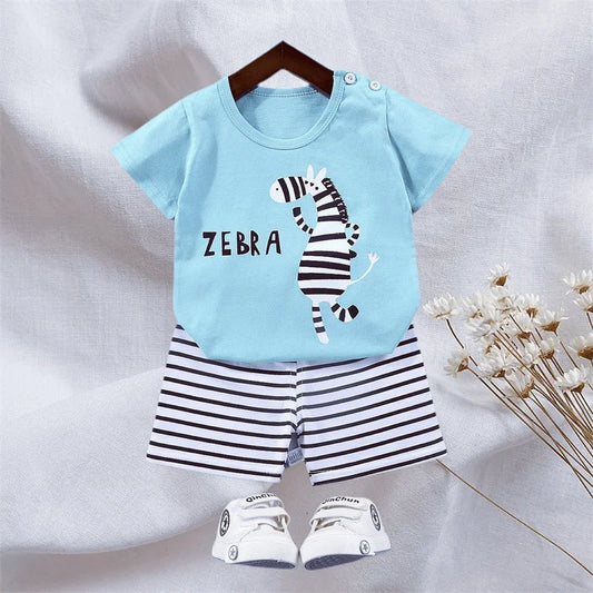 Kid Boy Summer 2-Piece Set – Soft Cotton Short Sleeve Tee & Stripe Shorts with Cartoon Zebra Print, Casual Sportswear for Ages 1-6