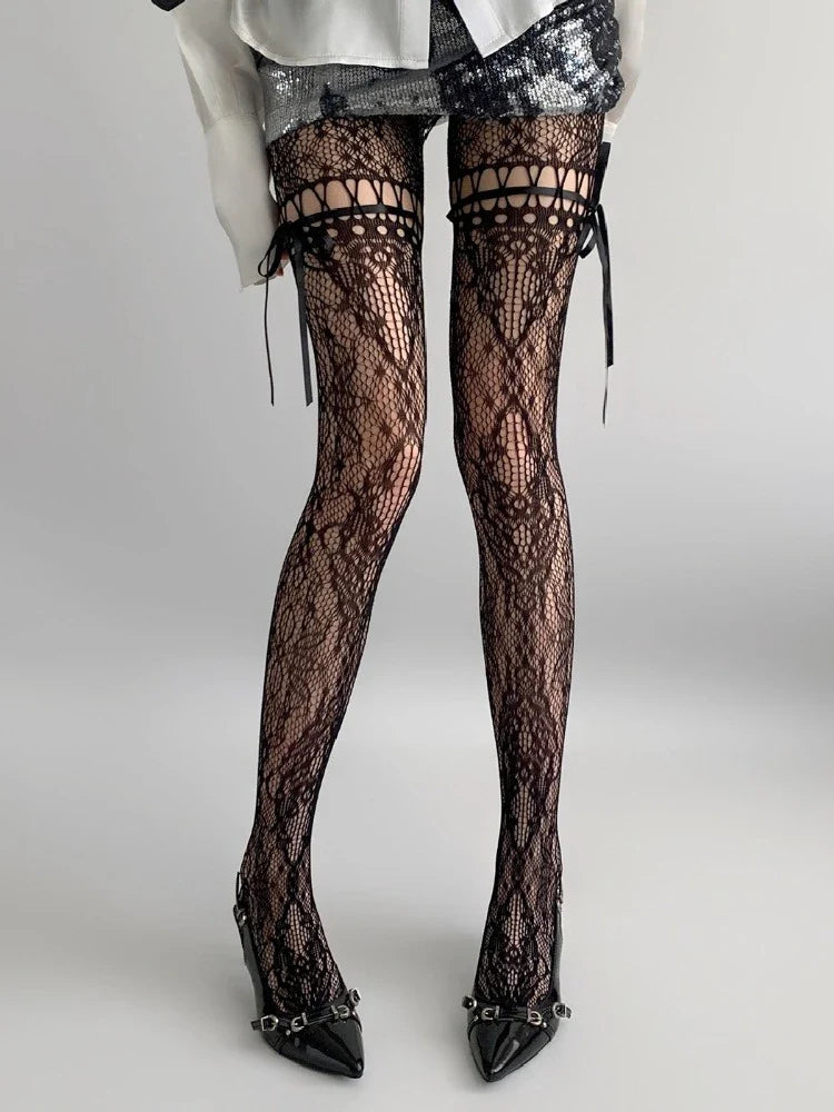 New Beige Mesh Tights for Women – Sexy See-Through Fishnet Stockings with Bow Tie Strap & Lace Pantyhose