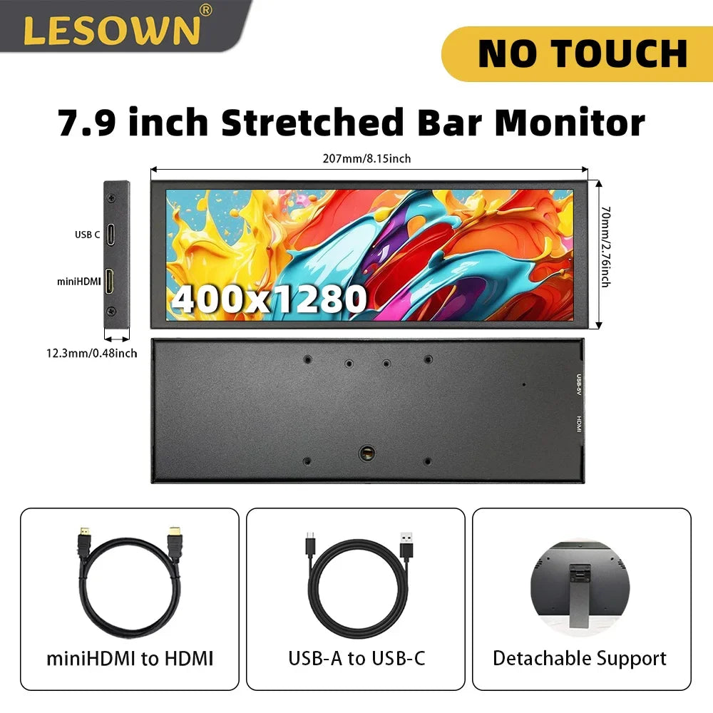 LESOWN Stretched Bar LCD Monitor - 11.3/8.8/7.9 Inch Secondary Display for PC Case, CPU, GPU & AIDA64 DIY Monitoring