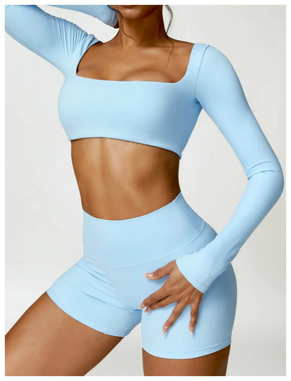 Hearuisavy 2PCS Long Sleeve Gym Set for Women, Quick-Drying Yoga Clothes, Sportswear, Running Leggings, Workout Sports Crop Top