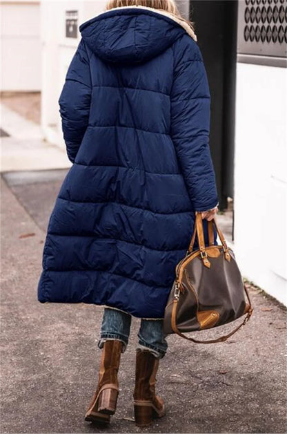 Women's Winter Hooded Quilted Jacket – Reversible Solid Puffer Coat, Thick Long Sleeve Casual Outerwear
