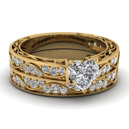 Couple Heart Rings Set - Trendy Stainless Steel Love Rings with Zircon Rhinestone Design for Women & Men Gift