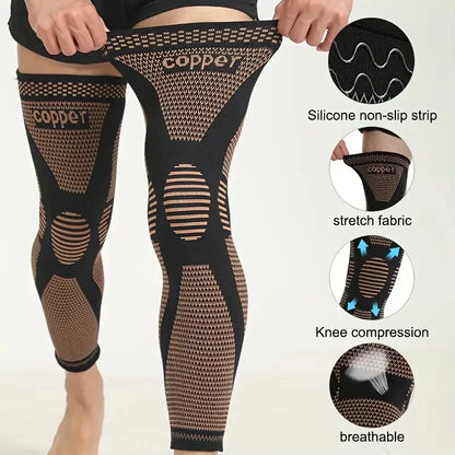 Copper Compression Knee Sleeves – Stretchable Breathable Knee Brace Support for Full Leg Stability, Pain Relief & Sports Recovery Knit Fabric