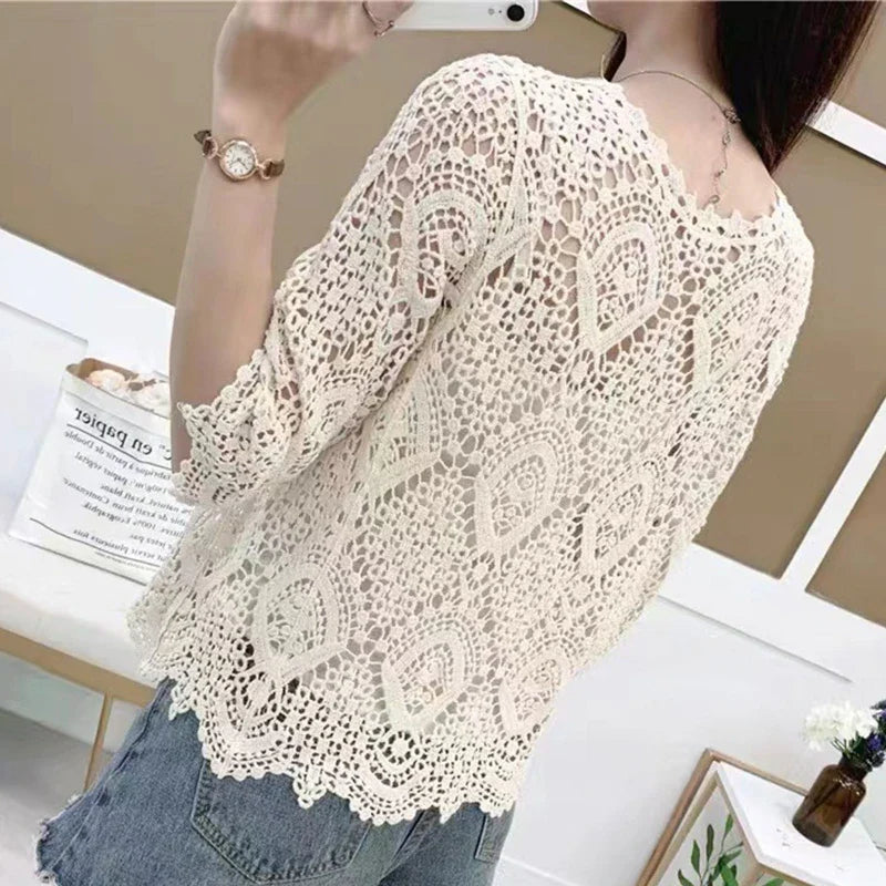 Women's Knit Lace Shrug – Hollow Crochet Floral 3/4 Sleeve Open Front Crop Cardigan F3MD