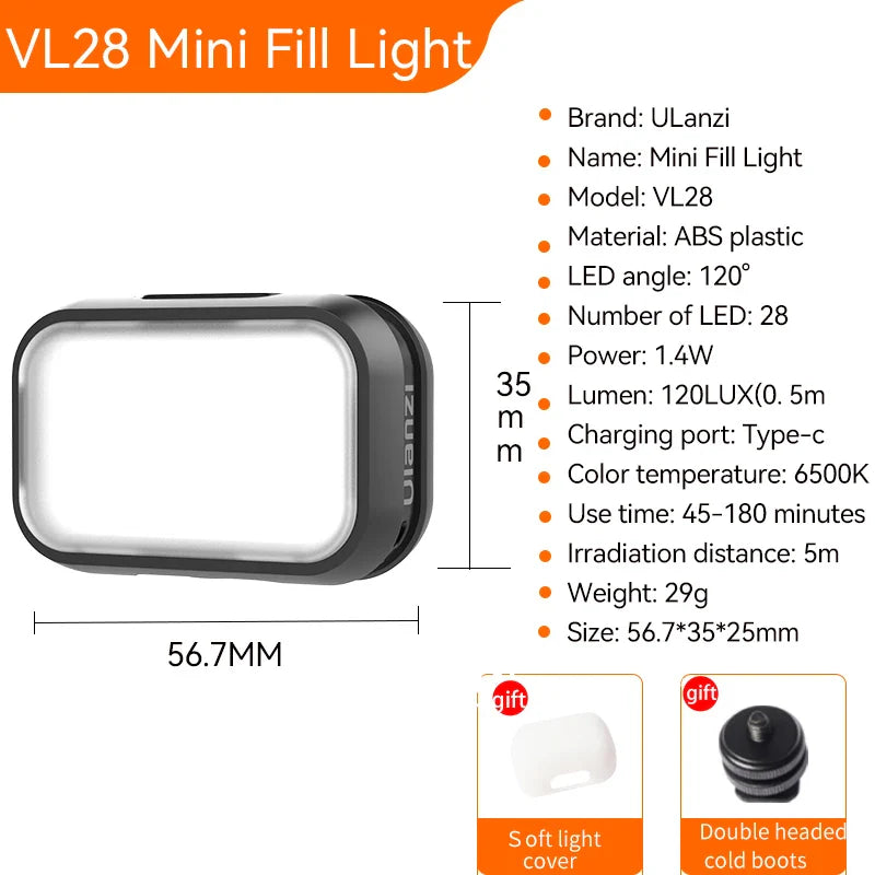 Ulanzi VL28 6500K Mini LED Video Light — Rechargeable On-Camera Light for GoPro 10/9/8 & iPhone 13/12/11