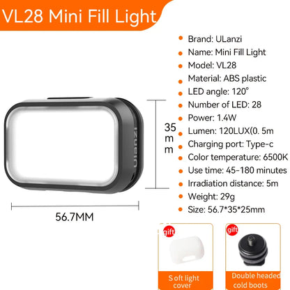 Ulanzi VL28 6500K Mini LED Video Light — Rechargeable On-Camera Light for GoPro 10/9/8 & iPhone 13/12/11