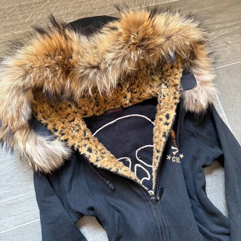 Y2K Harajuku Skull Embroidered Padded Coat - Vintage Hip Hop Faux Fur Collar Casual Couple Jacket