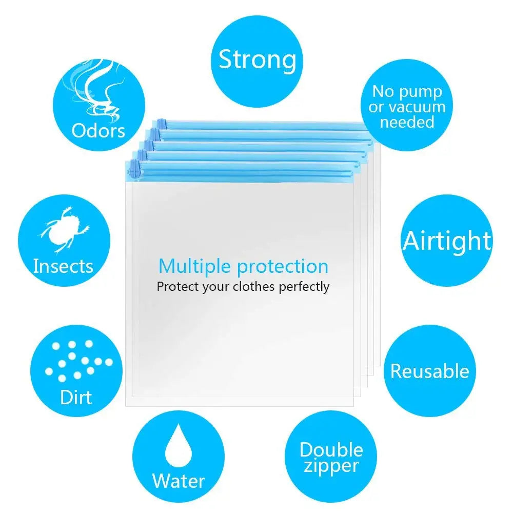 Travel Roll-Up Compression Bags — Reusable Vacuum Storage Luggage Bags, No Air Pump Needed
