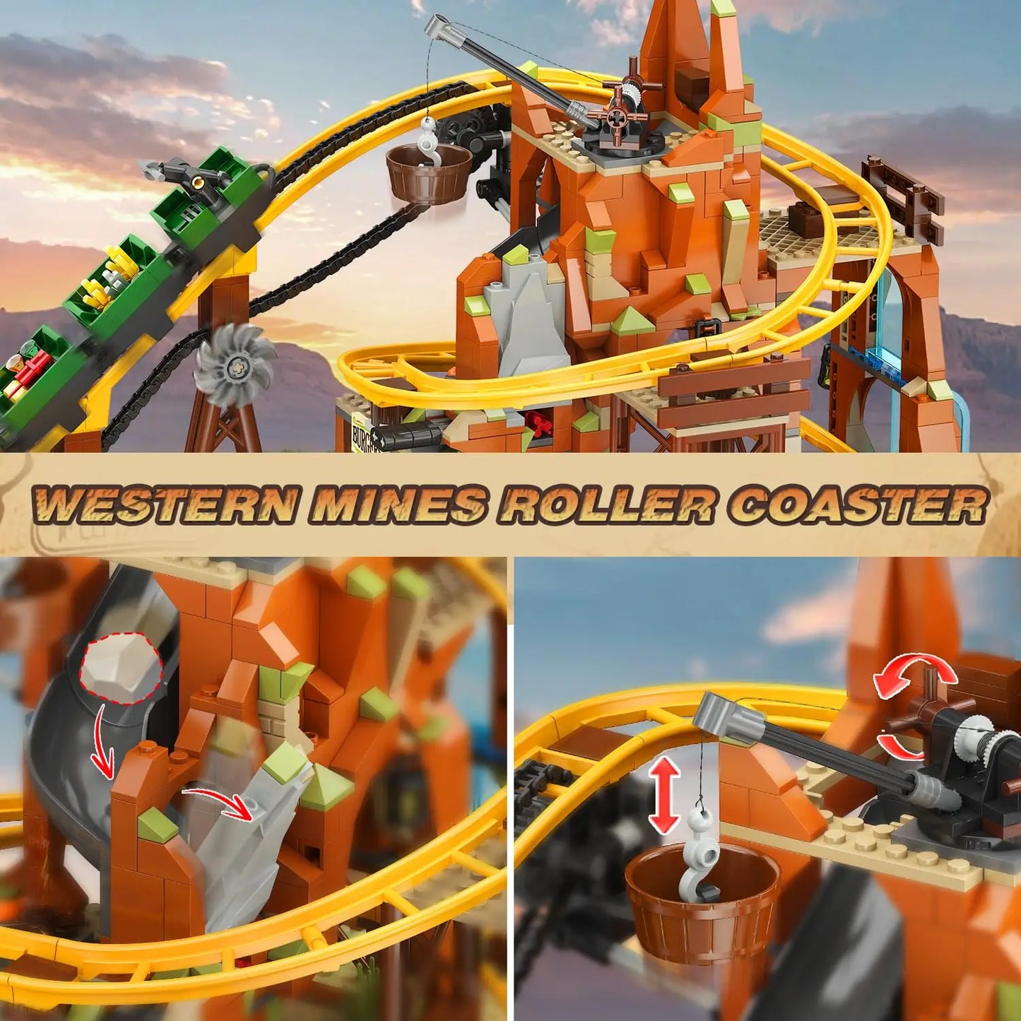 Western Roller Coaster Building Set – Mini Mine Train Model Toy with Lifting Chain for Teens & Adults