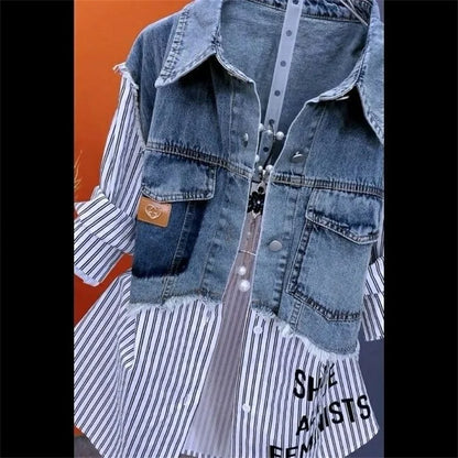 Women’s Denim Jacket – 2025 Casual Fashion, Fake Two Denim Shirts with Striped Stitching, Spring & Autumn Coat