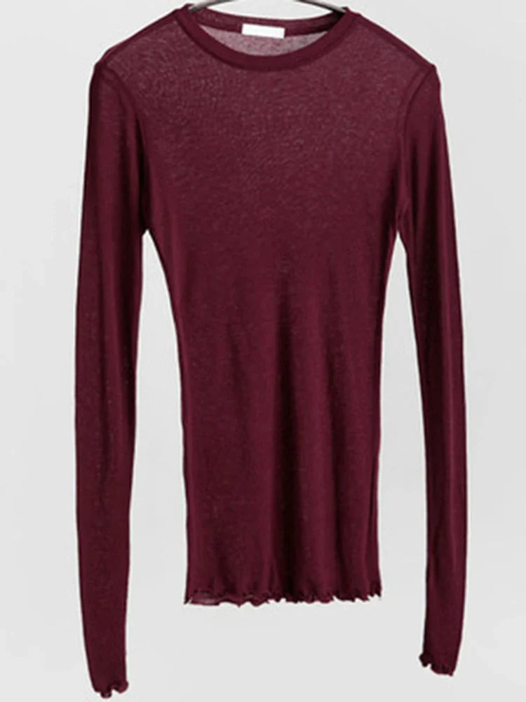 High Quality Women's Plain Cotton T-Shirt - Elastic Basic Long Sleeve Casual Top, Sexy Thin See-Through Tee