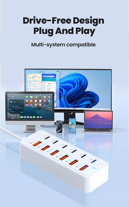 12-in-1 Power Strip & USB Charger Station — Multi-Port Wall/Desktop Adapter with USB-C Fast Charging for iPhone & Samsung