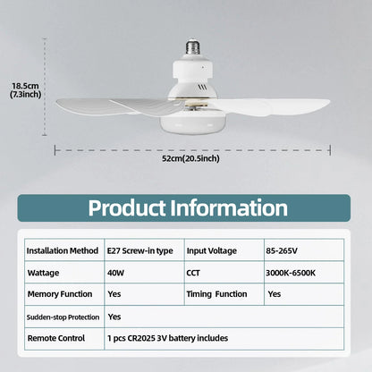 Modern LED Ceiling Fan Light 40W E27 with Remote Control for Dimming - Ideal for Living Room, Study, Household Use ( 85-265V )