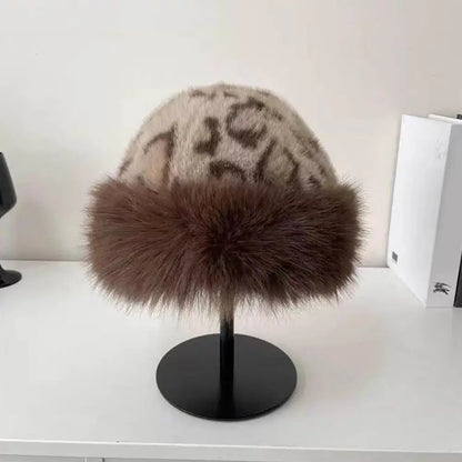 Retro Leopard Print Plush Cat Ear Beanie – Thick Warm Fur Hat for Women, Windproof & Fluffy Winter Snow Cap