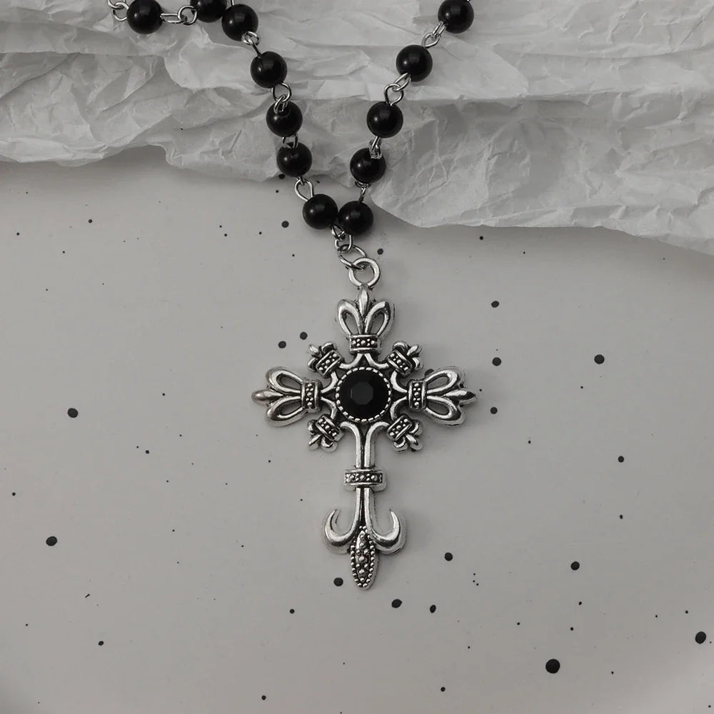 Gothic Bat Cross Necklace Set - Y2K Thorn Love Black Beaded Layered Jewelry for Halloween Parties