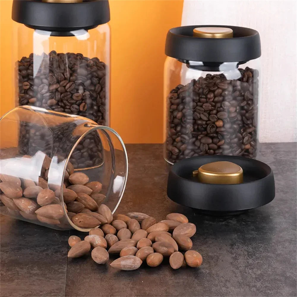 Vacuum Sealed Coffee Bean Storage Jar – Transparent Glass Airtight Container, Moisture-Proof Food Canister