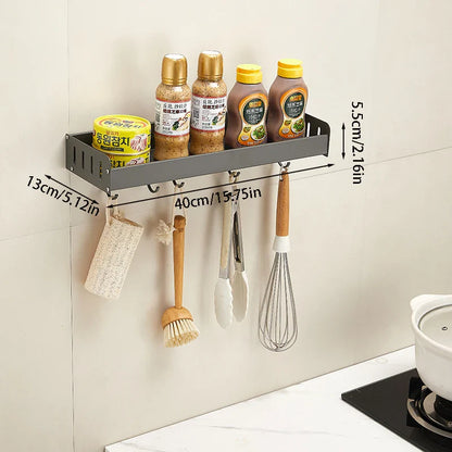 Wall-Mounted Kitchen Spice Rack Organizer with Hanging Hooks – Kitchen Storage Shelf for Condiments